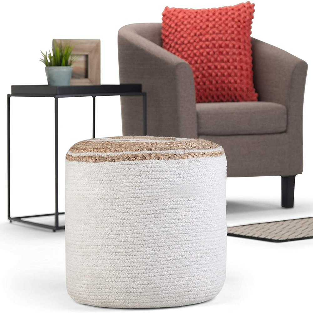 Agro Richer Round White Cotton Jute Pouf Bean Bag, Floor Chair for The Living Room, Bedroom and Kids Room Rustic Farmhouse Decor Ottoman Footrest(Cover Only) 18x18x14 (18x18x14, Whitecotton+Jute)