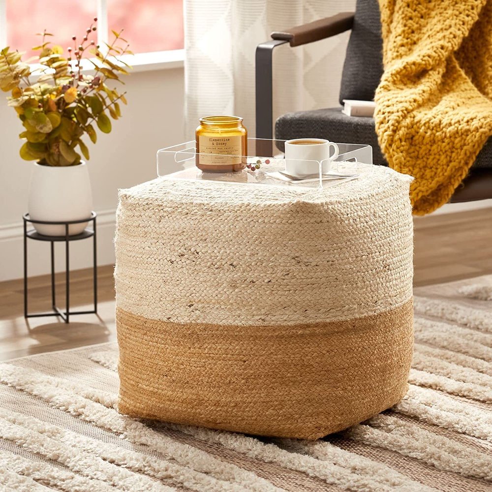 Agro Richer Square Cube Jute Pouf Bean Bag, Floor Chair Great for The Living Room, Bedroom and Kids Room Rustic Farmhouse Decor Ottoman Footrest(Cover Only) 18x18x18 (18x18x18, White+Natural)