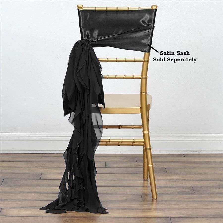 10 Black Curly Chiffon Chair Sashes Bows Ties - Wedding Party Ceremony Reception Decorations Cheap Supplies Wholesale