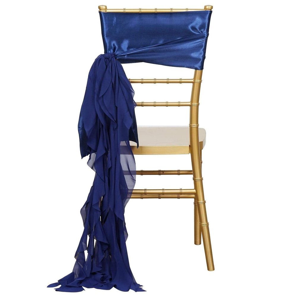 10 Navy Blue Curly Chiffon Chair Sashes Bows Ties - Wedding Party Ceremony Reception Decorations Supplies Wholesale