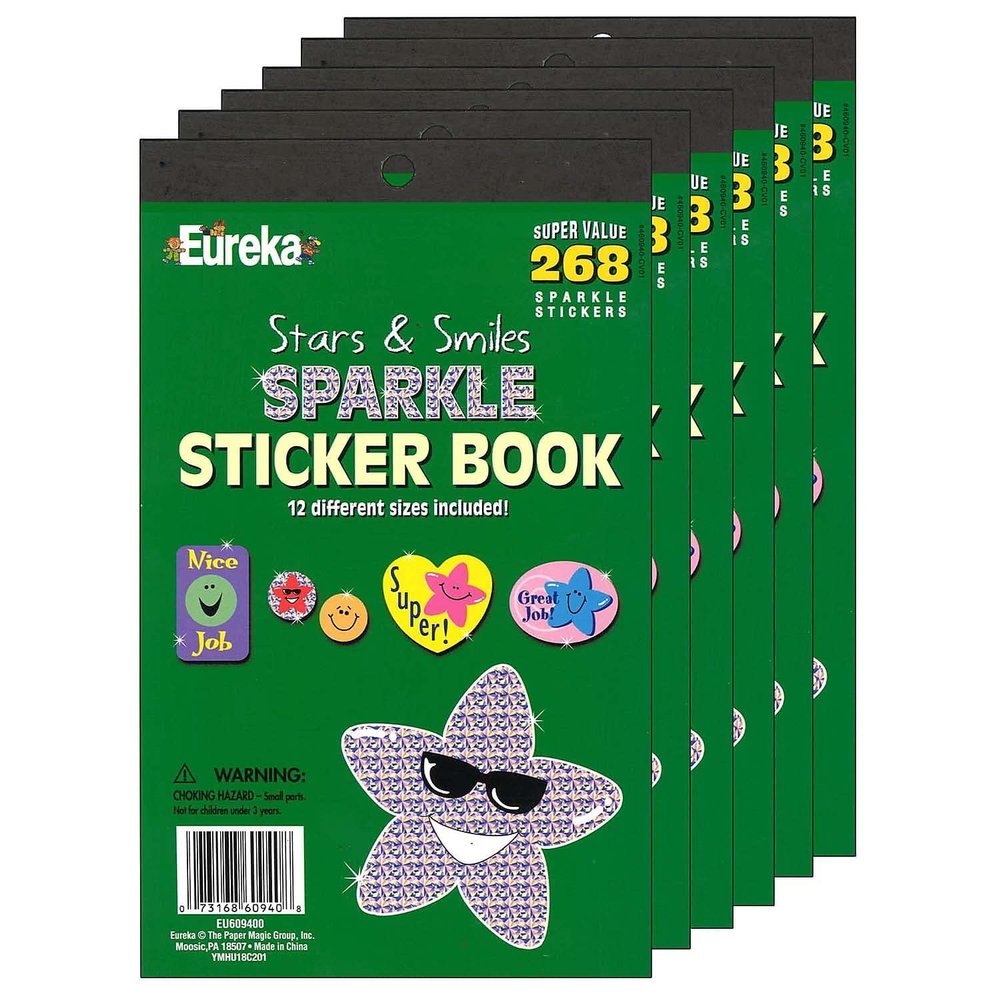 Eureka Stars & Smiles Sparkle Sticker Book, 268/Book, 6 Books (EU-609400-6)