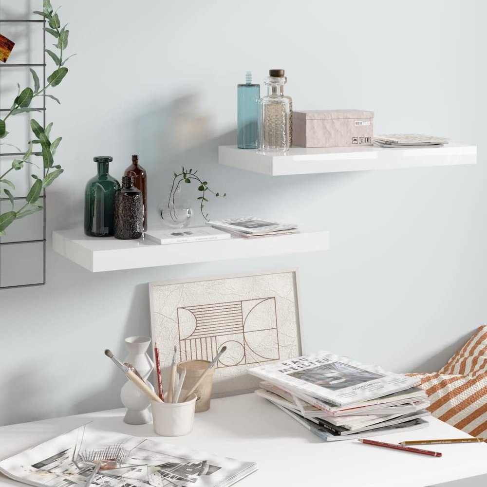 KTHLBRH [Fast Delivery] Floating Shelves Wall Mounted, Floating Shelves, for Living Room, Bedroom, Bathroom, Kitchen Decor Floating Wall Shelves 2 pcs High Gloss White 19.7"x9.1"x1.5" MDF