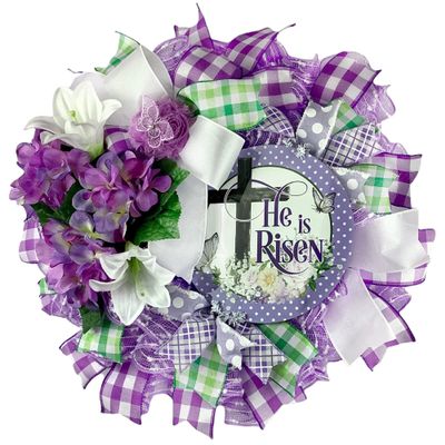 Christian He Is Risen Easter Wreath, Spring Lilies, Purple Hydrangeas, Handmade Lavender Floral Ornament with Lace Butterfly