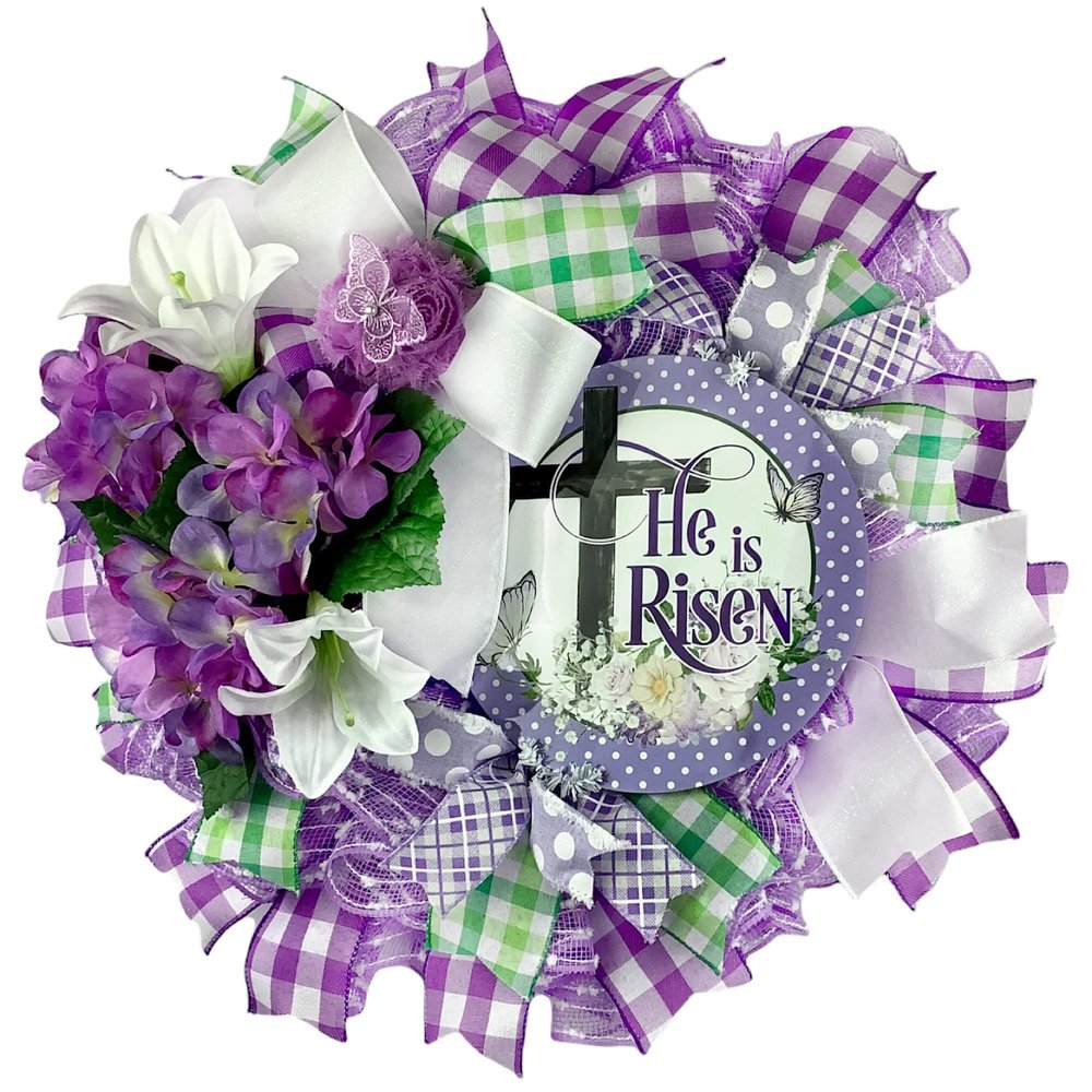 Christian He Is Risen Easter Wreath, Spring Lilies, Purple Hydrangeas, Handmade Lavender Floral Ornament with Lace Butterfly