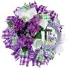 Christian He Is Risen Easter Wreath, Spring Lilies, Purple Hydrangeas, Handmade Lavender Floral Ornament with Lace Butterfly view 3