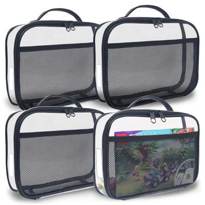 holay 4 Packs PVC Toy Storage Organizer with Zipper, Name Tag & Manual Pocket, Clear Durable Case for Blocks, Clay, Board Games, Travel (Black, Small)