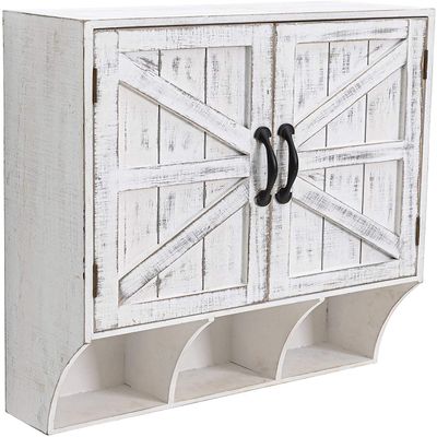 FLORA Farmhouse Wall Mounted Storage Cabinet, Medicine Cabinet with Doors, Wood Vintage Bathroom Wall Cabinet Over Toilet for Bathroom, Kitchen, Living Room, Rustic White