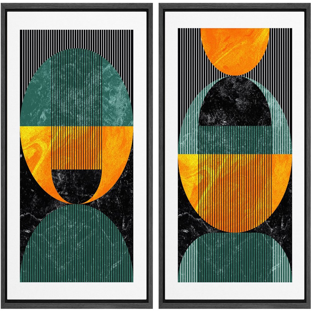 IDEA4WALL Framed Canvas Print Wall Art Set Geometric Marble Green Orange Circles Abstract Shapes Illustrations Modern Art Chic Landscape Neon for Living Room, Bedroom, Office - 16"x24"x2 Black