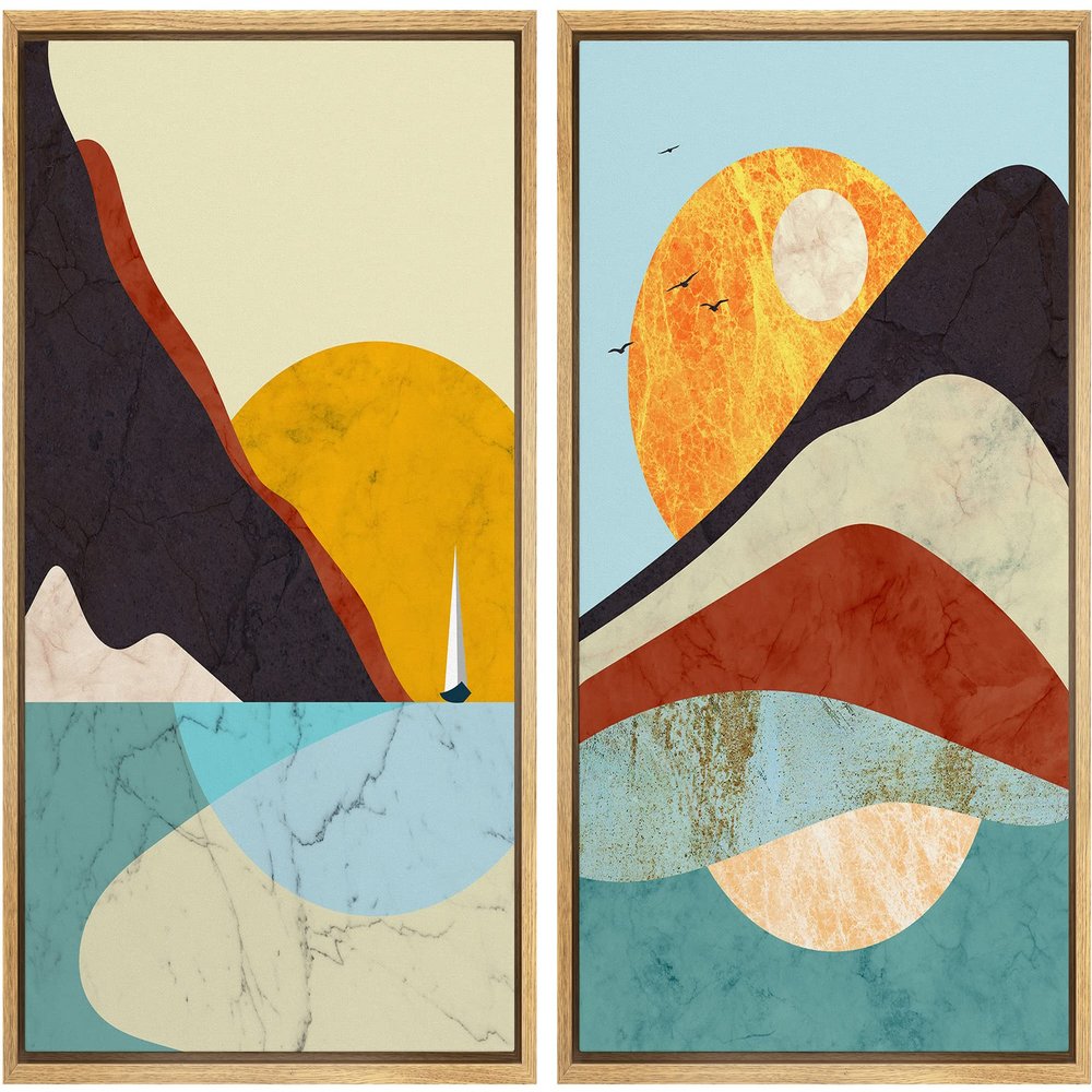 IDEA4WALL Framed Canvas Print Wall Art Set Geometric Mountain Ocean Boat Landscapes Abstract Nature Illustrations Modern Neon for Living Room, Bedroom, Office - 16"x24"x2 Natural