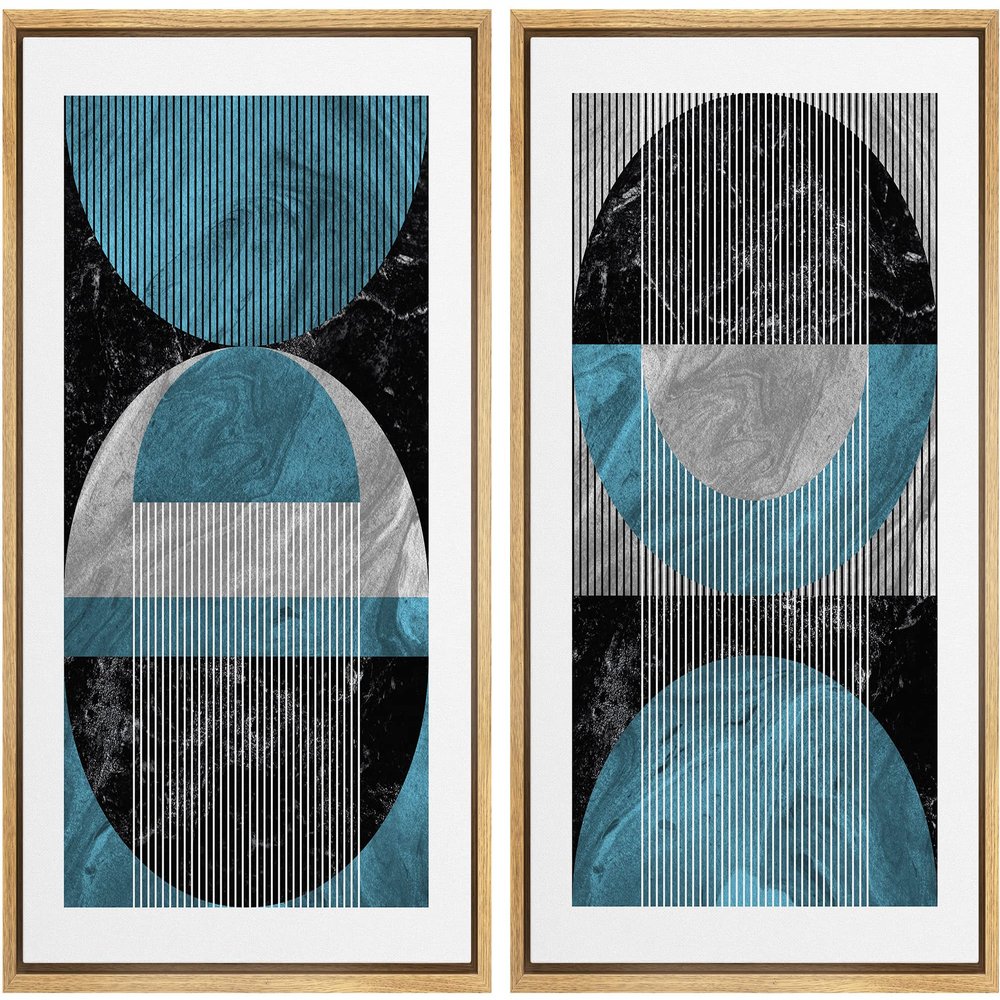 IDEA4WALL Framed Canvas Print Wall Art Set Geometric Marble Blue Black Circle Collage Abstract Shape Illustrations Modern Chic Landscape Neon for Living Room, Bedroom, Office - 16"x24"x2 Natural
