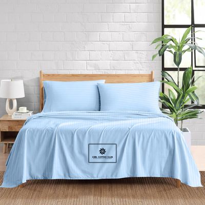 1000-TC Queen Size 4 Piece Sheet Set - Comfy Sheets, Peruvian Pima Cotton Hotel Luxury Bed Sheets for Women, Men, Kids & Teens - Deep Pocket Easy-Fits up to 26-30" Mattress (Stripe, Light Blue)