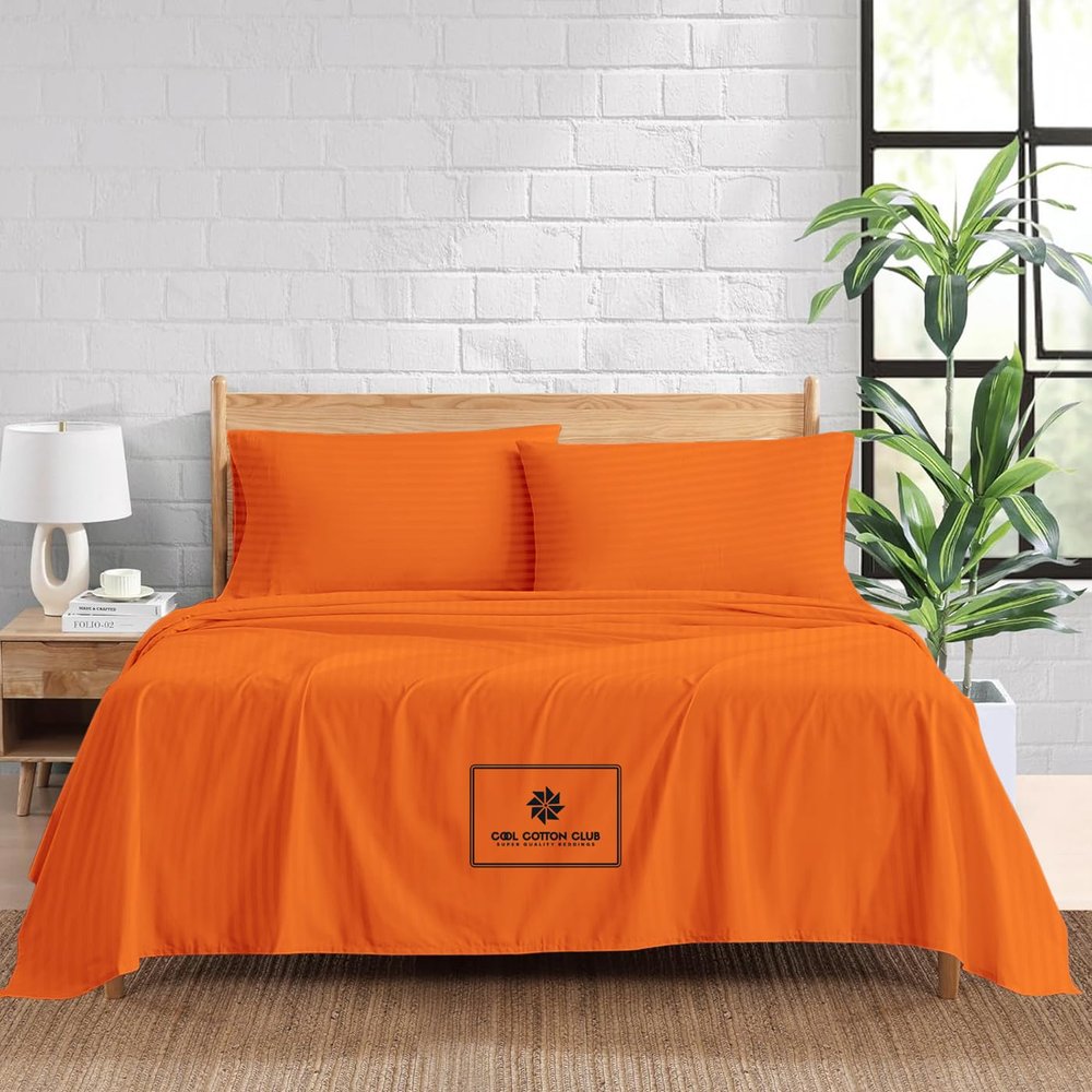 1000-TC Queen Size 4 Piece Sheet Set - Comfy Sheets, Peruvian Pima Cotton Hotel Luxury Bed Sheets for Women, Men, Kids & Teens - Deep Pocket Easy-Fits up to 26-30" Mattress (Stripe, Orange)