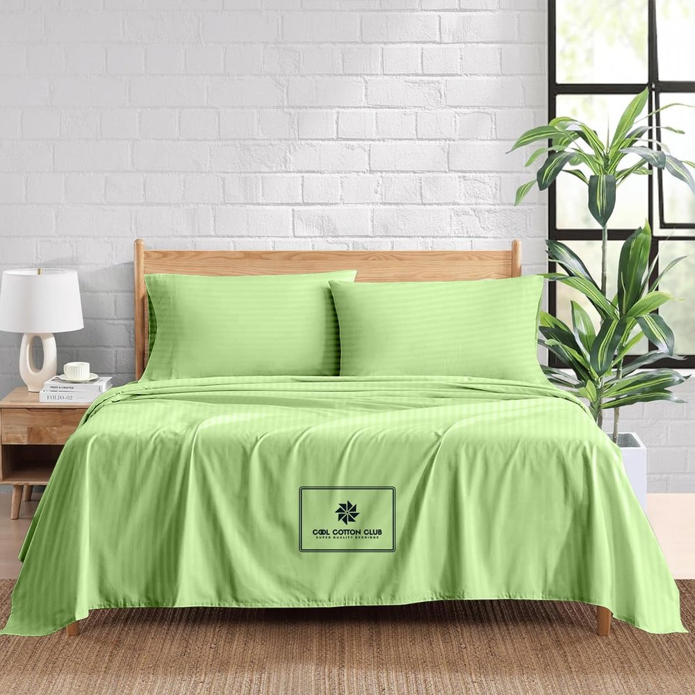 1000-TC Queen Size 4 Piece Sheet Set - Comfy Sheets, Peruvian Pima Cotton Hotel Luxury Bed Sheets for Women, Men, Kids & Teens - Deep Pocket Easy-Fits up to 7-9" Mattress (Stripe, Sage Green)