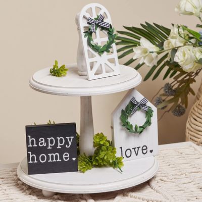 Defined Deco Wooden Decorative Tray Two Tiered Tray, White Tiered Tray, Cupcake Stand, Serving Tray Stand with 3 Pcs Signs Decor for Kitchen Island Decor, Home Decor and Holloween Farmhouse Dcor