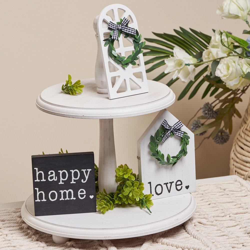 Defined Deco Wooden Decorative Tray Two Tiered Tray, White Tiered Tray, Cupcake Stand, Serving Tray Stand with 3 Pcs Signs Decor for Kitchen Island Decor, Home Decor and Holloween Farmhouse Dcor