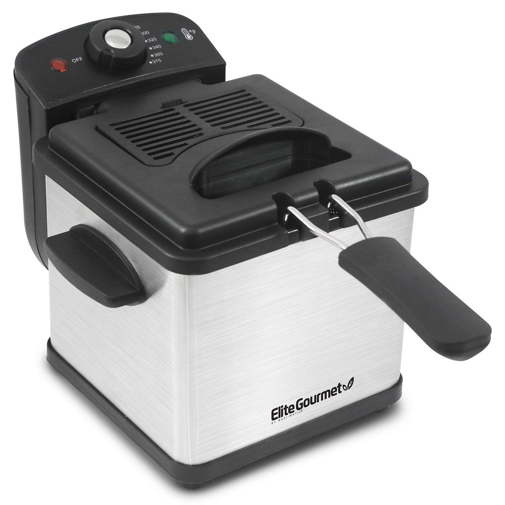Elite Gourmet EDF1607# 800-Watt Mesh Basket 1.6 Quart / 6.5 Cup Oil Capacity, Electric Immersion Deep Fryer with Temperature Knob and Lid with View Window, stainless steel