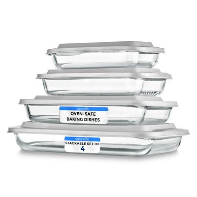 SereneLife 8-Piece Glass Baking Dish with Lids Set - (4 Heavy Duty Rectangular Glass Baking Pan with 4 BPA-Free Lids), Oven-Safe Bakeware for Lasagna, Meats, Desserts - Dishwasher Safe, White