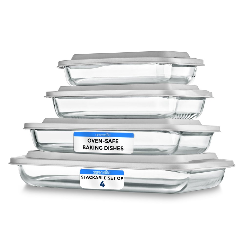 SereneLife 8-Piece Glass Baking Dish with Lids Set - (4 Heavy Duty Rectangular Glass Baking Pan with 4 BPA-Free Lids), Oven-Safe Bakeware for Lasagna, Meats, Desserts - Dishwasher Safe, White