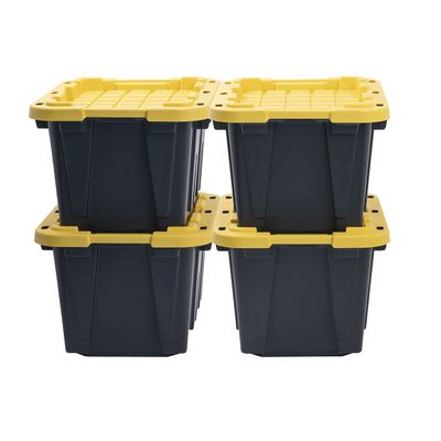 CX BLACK & YELLOW, 12-Gallon Heavy Duty Tough Storage Container & Snap-Tight Lid, (12.51H x 16.3W x 21.8D), Weather-Resistant Design and Stackable Organization Tote [4 Pack]