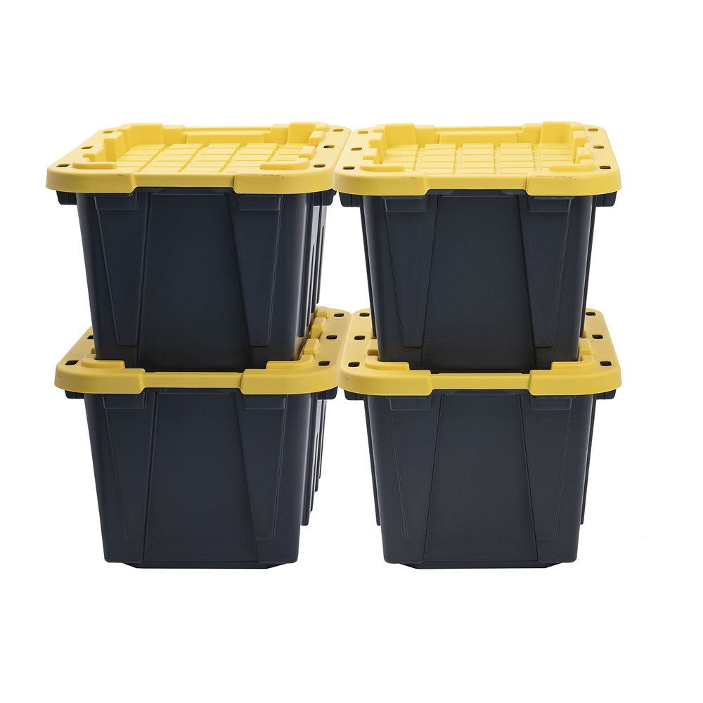 CX BLACK & YELLOW, 12-Gallon Heavy Duty Tough Storage Container & Snap-Tight Lid, (12.51H x 16.3W x 21.8D), Weather-Resistant Design and Stackable Organization Tote [4 Pack]