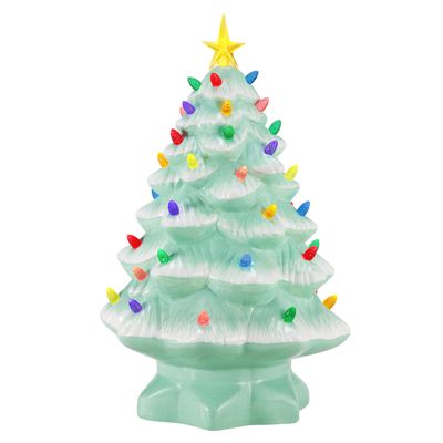 Mr. Christmas Nostalgic Ceramic Christmas Tree with LED Lights Indoor Decoration, 14 Inches, Seafoam