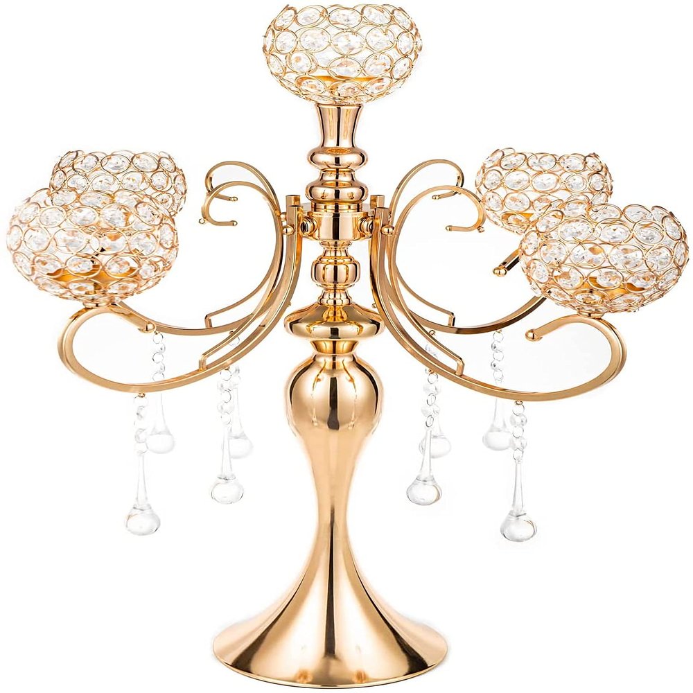 5 Arms Gold Candelabra Centerpiece 26 Inches Tall Chandelier Crystal Beaded Candle Holders for Table Centerpiece, Wedding Party Dinner Formal Events Gifts (Gold)