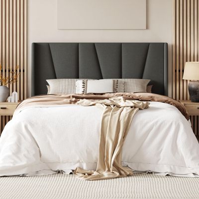 Allewie Queen Size Platform Bed Frame with Geometric Wingback Headboard, Boho Upholstered Bed with Wooden Slats Support, No Box Spring Needed, Easy Assembly, Dark Grey