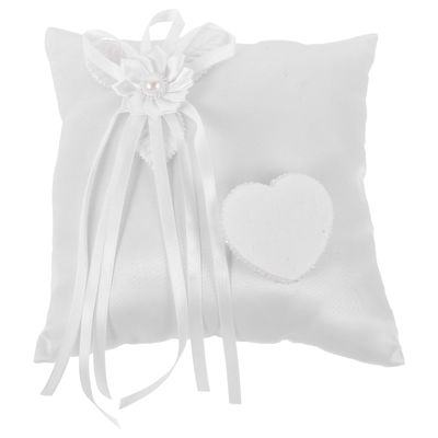 Wedding Ring Bearer Pillow 20x20cm White Lace Pearls Cushion with Ribbon Heart Suspender Sparkling Holder for Ceremony Engagement Party Keepsake