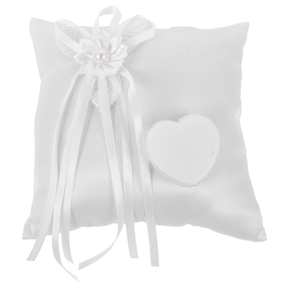 Wedding Ring Bearer Pillow 20x20cm White Lace Pearls Cushion with Ribbon Heart Suspender Sparkling Holder for Ceremony Engagement Party Keepsake