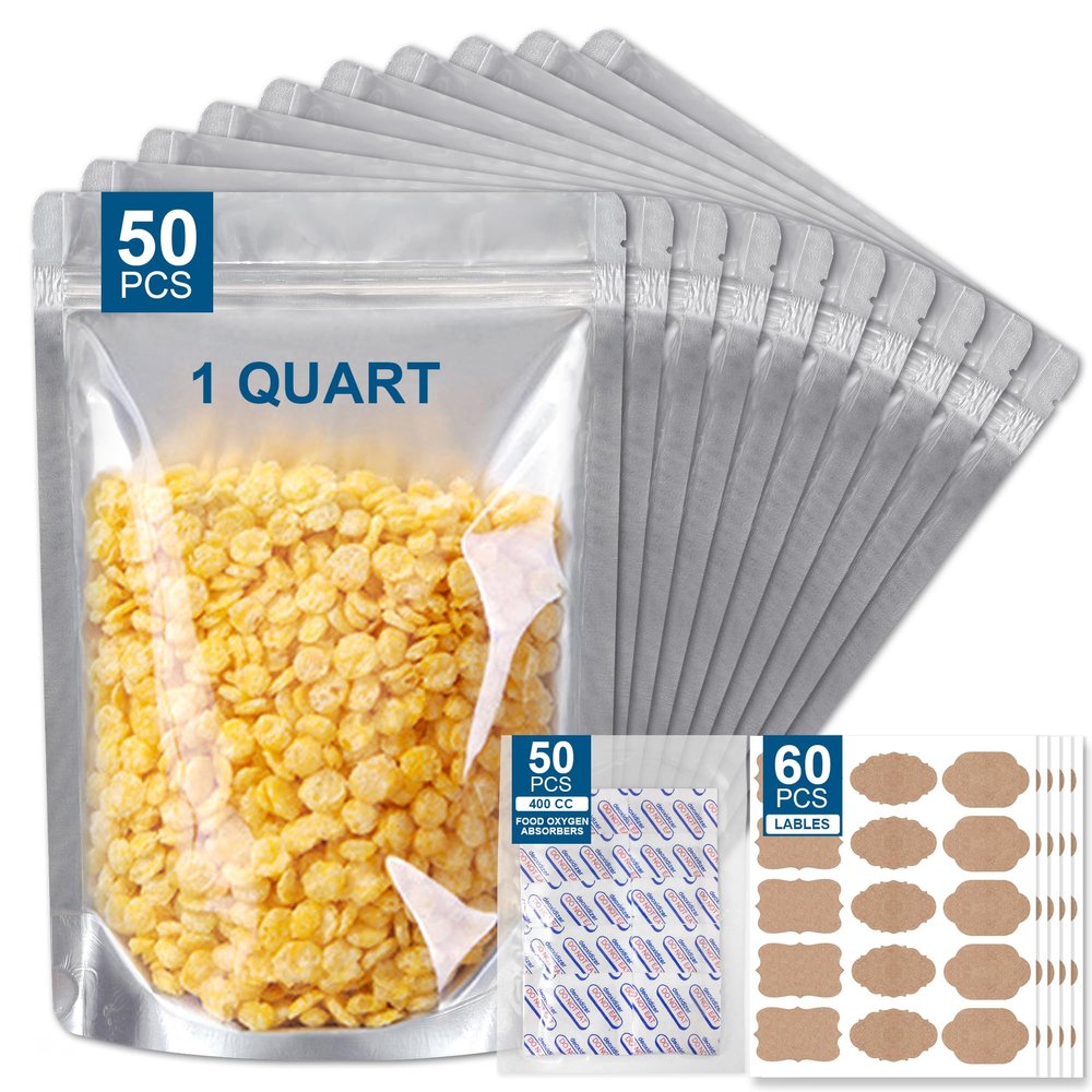 50 Packs Mylar Bags for Food Storage with Clear Window,1 QUART(9.44 Mil, 7"x 10") Reusable Mylar Bags with 400CC Oxygen Absorber for Grains, Wheat, Rice, Legumes, Meat Long Term Food Storage