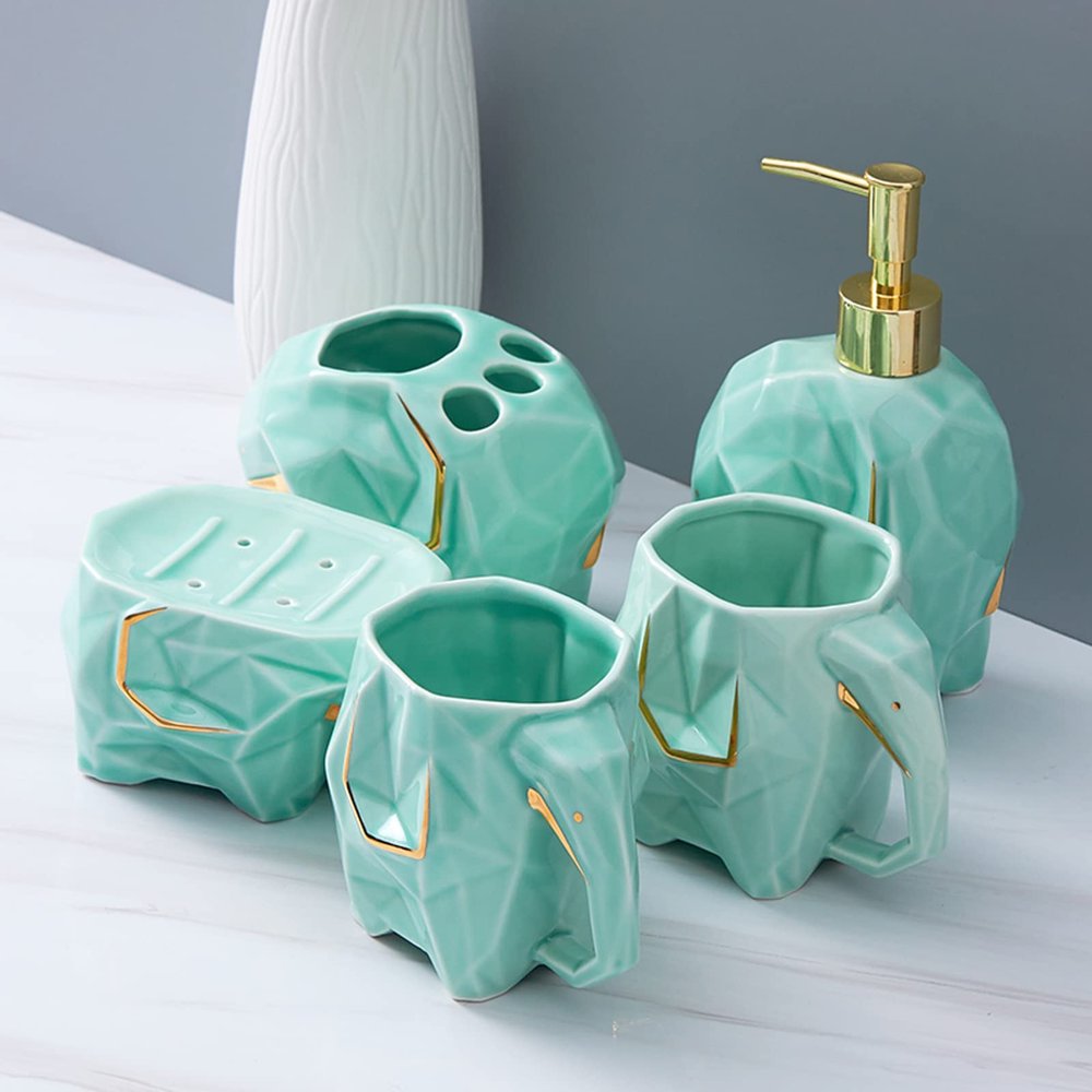 AOPPLSOT Accessories Set, Geometric Cute Elephant Ceramic Bath Ensemble Set - Soap Dispenser + Soap Dish + Tumble Cup + Toothbrush Holder + Cotton Canister, Modern Bathroom Home Decor,Green,5pcs