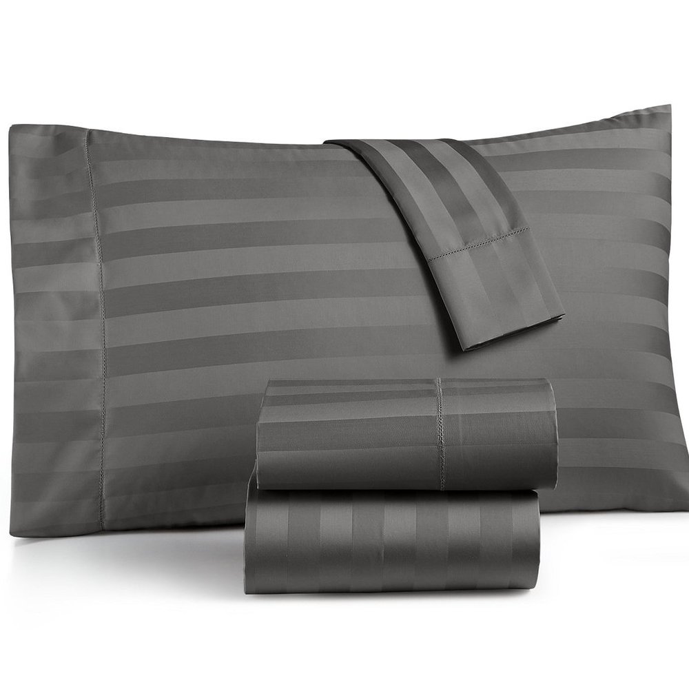 400 Thread Count 100% Egyptian Cotton Damask Sheets - Damask Stripe Dark Grey Twin 6 Piece Sheet Set - Ultra Soft Long Staple Cotton- Luxury Bed Sheet Set - 12" Deep Pockets - Oeko Tex Certified