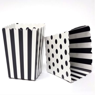 Black and White Party Favor Snack Boxes for Weddings, Graduations, Kids and Adult Birthday Parties, Baby Showers. Set of 12 Reversible Polka Dots and Stripes Scalloped Popcorn Boxes