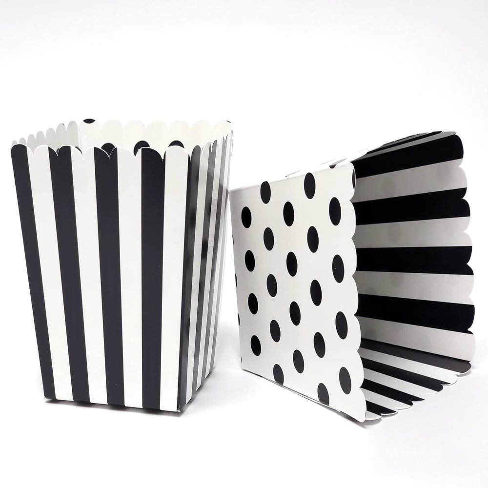 Black and White Party Favor Snack Boxes for Weddings, Graduations, Kids and Adult Birthday Parties, Baby Showers. Set of 12 Reversible Polka Dots and Stripes Scalloped Popcorn Boxes