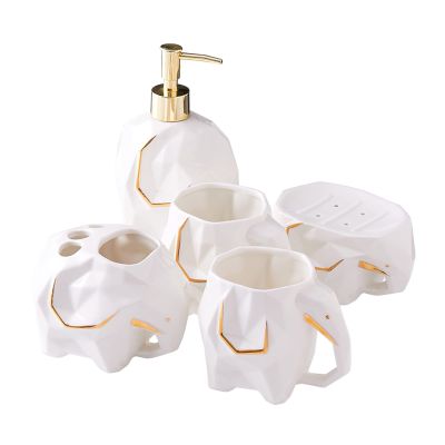 AOPPLSOT Accessories Set, Geometric Cute Elephant Ceramic Bath Ensemble Set - Soap Dispenser + Soap Dish + Tumble Cup + Toothbrush Holder + Cotton Canister, Modern Bathroom Home Decor,White,5pcs