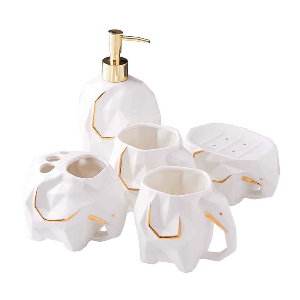 AOPPLSOT Accessories Set, Geometric Cute Elephant Ceramic Bath Ensemble Set - Soap Dispenser + Soap Dish + Tumble Cup + Toothbrush Holder + Cotton Canister, Modern Bathroom Home Decor,White,5pcs