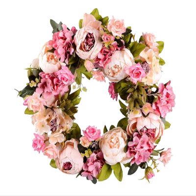 Artificial Peony Wreath Spring Wreaths for Front Door, Handmade Pink Flowers Summer Door Wreaths, Vintage Blooming Silk Peonies Wreaths for Wall Window Home Wedding Party Farmhouse Decor (A)