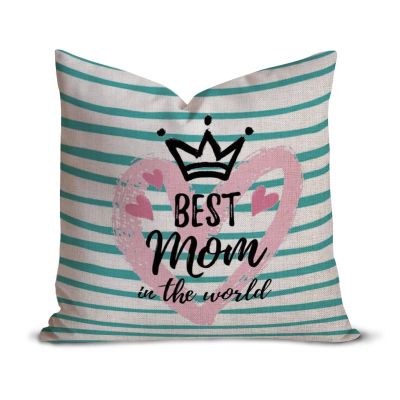Best Mom in The World White and Teal Stripes Throw Pillow Covers 16x16 Decorative Mom Pillow Case for Son Daughter Husband Birthday Pillows for Mom