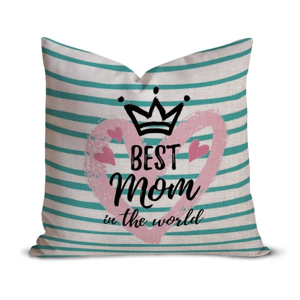 Best Mom in The World White and Teal Stripes Throw Pillow Covers 16x16 Decorative Mom Pillow Case for Son Daughter Husband Birthday Pillows for Mom