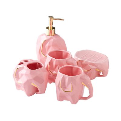 AOPPLSOT Accessories Set, Geometric Cute Elephant Ceramic Bath Ensemble Set - Soap Dispenser + Soap Dish + Tumble Cup + Toothbrush Holder + Cotton Canister, Modern Bathroom Home Decor,Pink,5pcs