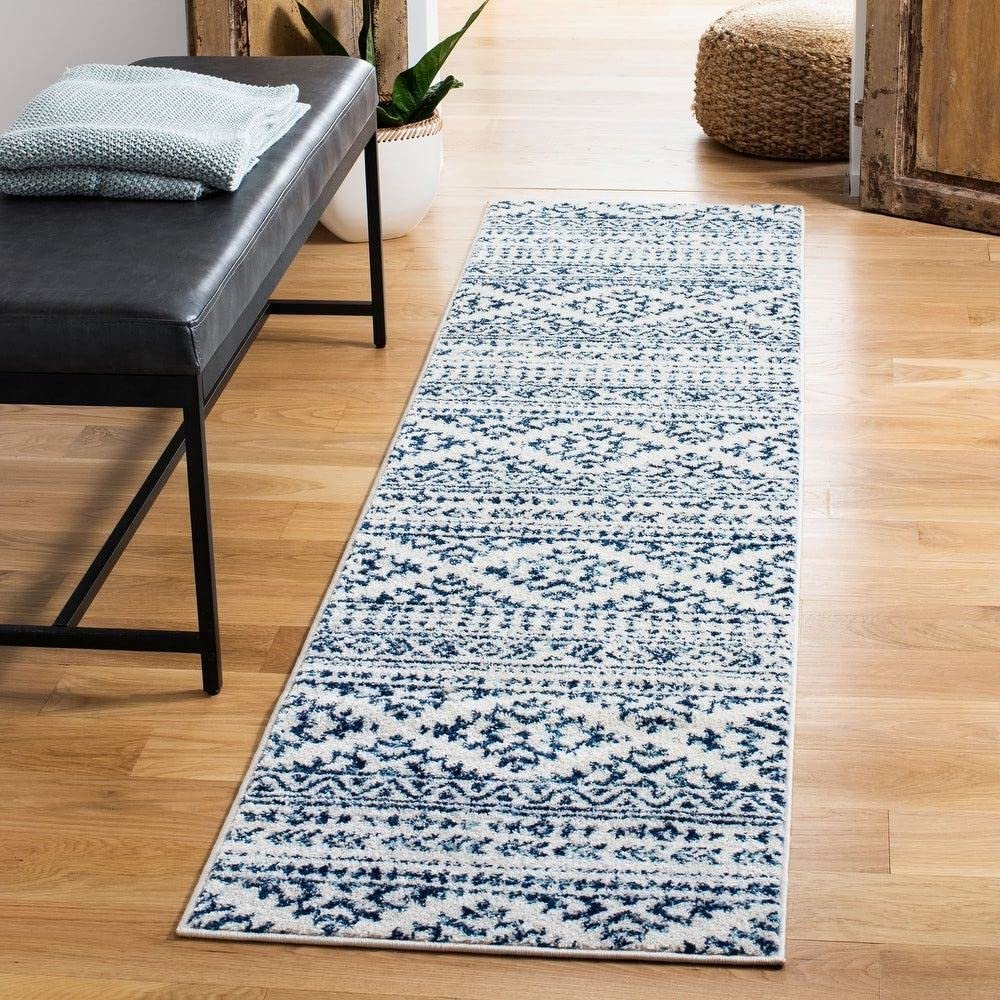 1 Piece Navy Blue Rug 12' x 15' Size 0.25-0.5 inch Pile Height Rectangular Shape Geometrical Pattern Extra Soft Fluffy | Polypropylene Material Bohemian & Eclectic Machine-Made Ivory Shade Indoor