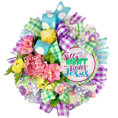 Christian Easter Wreath, Whimsical Silly Rabbit Easter is for Jesus, Spring Decorations for Front Door, Handmade Chiffon Floral Ornament, Butterfly, Flowers