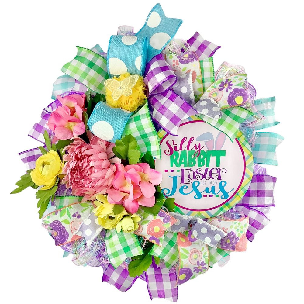 Christian Easter Wreath, Whimsical Silly Rabbit Easter is for Jesus, Spring Decorations for Front Door, Handmade Chiffon Floral Ornament, Butterfly, Flowers
