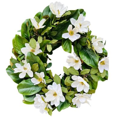 Everyday Magnolia Wreath with Lush Greenery I Elegant Farmhouse Front Door Decor I White Flower Year Round Grapevine Wreath