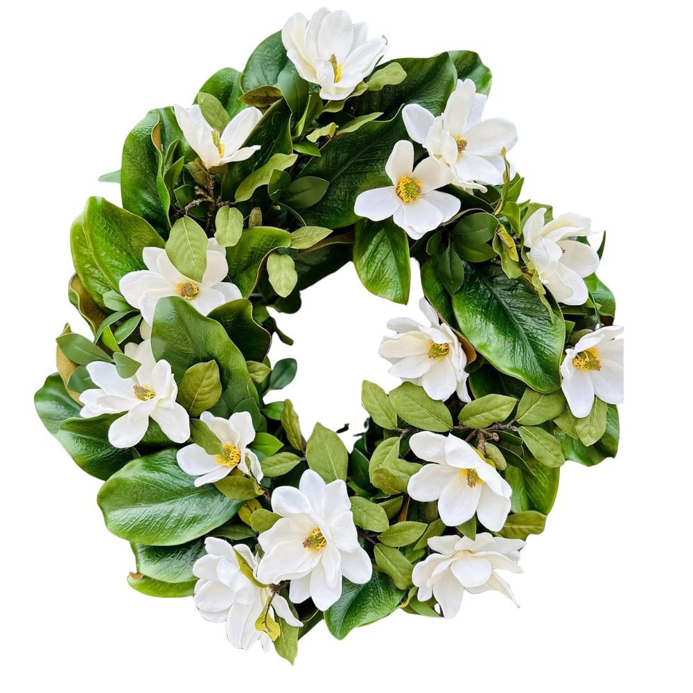 Everyday Magnolia Wreath with Lush Greenery I Elegant Farmhouse Front Door Decor I White Flower Year Round Grapevine Wreath