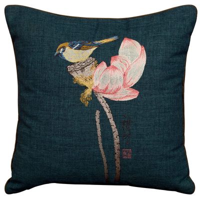 ChinaFurnitureOnline Navy Blue Chinese Linen Bird and Lotus Flower Embroidered Pillow