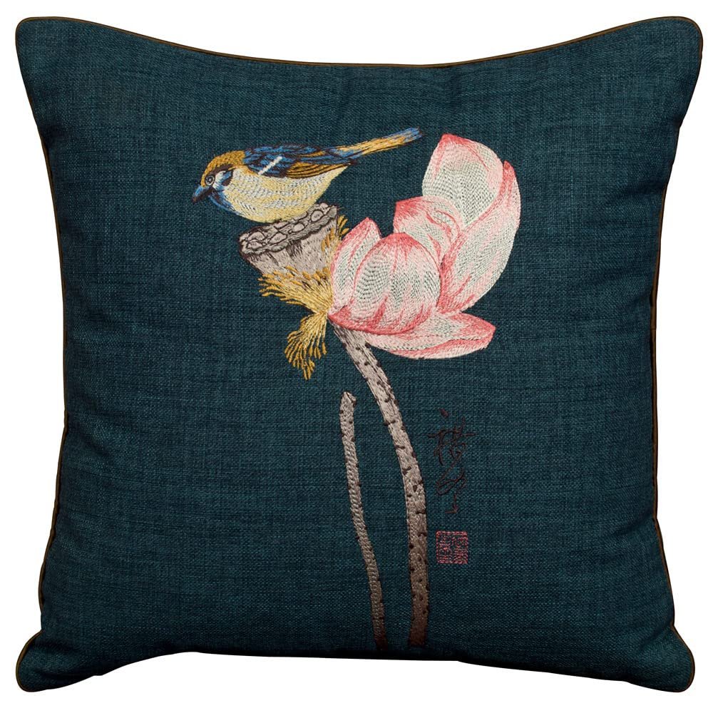 ChinaFurnitureOnline Navy Blue Chinese Linen Bird and Lotus Flower Embroidered Pillow