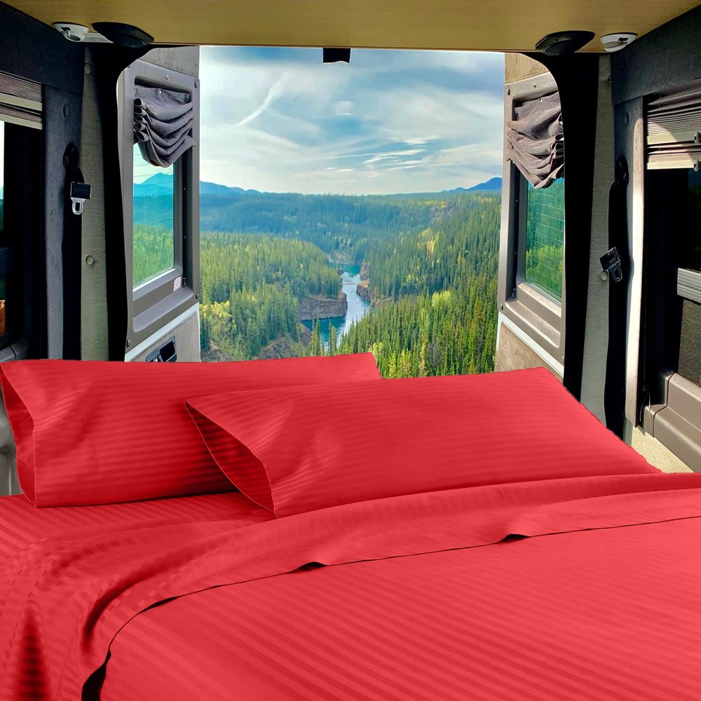 RV Twin 28 X 75 Sheet Set 400 Thread-Count 100% Egyptian Soft Cotton Made for RV, Camper, Boat & Motorhomes, Soft-Luxury-Breathable 8-Inch Deep Pockets 4-PC RV-Sheets - Blood Red Stripe