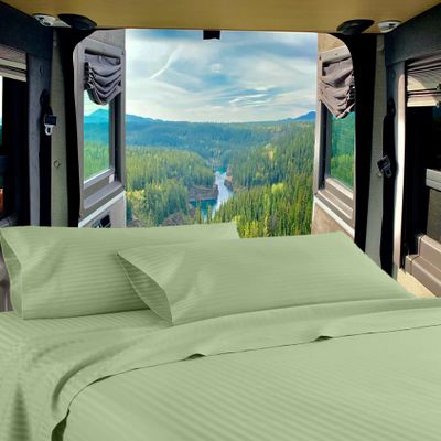 RV Twin 28 X 75 Sheet Set 400 Thread-Count 100% Egyptian Soft Cotton Made for RV, Camper, Boat & Motorhomes, Soft-Luxury-Breathable 8-Inch Deep Pockets 4-PC RV-Sheets - Sage Green Stripe