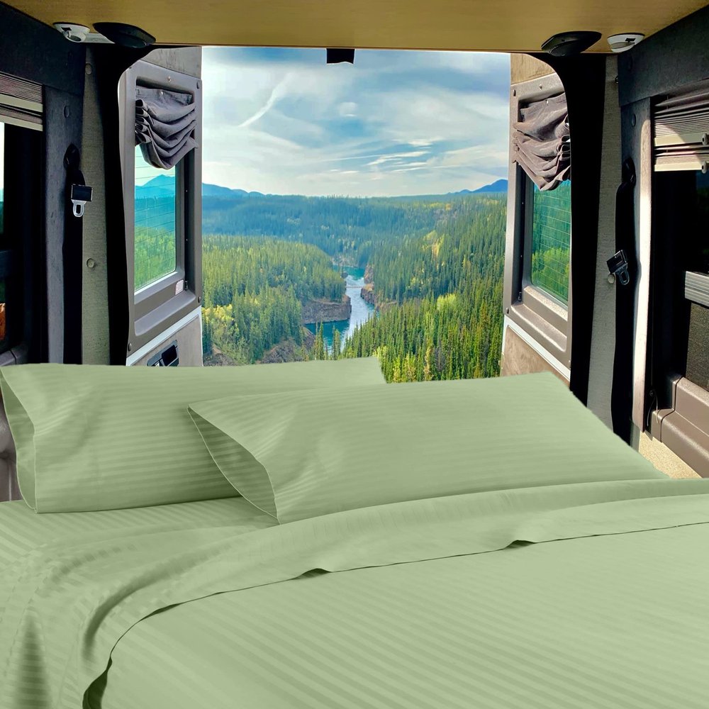 RV Twin 28 X 75 Sheet Set 400 Thread-Count 100% Egyptian Soft Cotton Made for RV, Camper, Boat & Motorhomes, Soft-Luxury-Breathable 8-Inch Deep Pockets 4-PC RV-Sheets - Sage Green Stripe